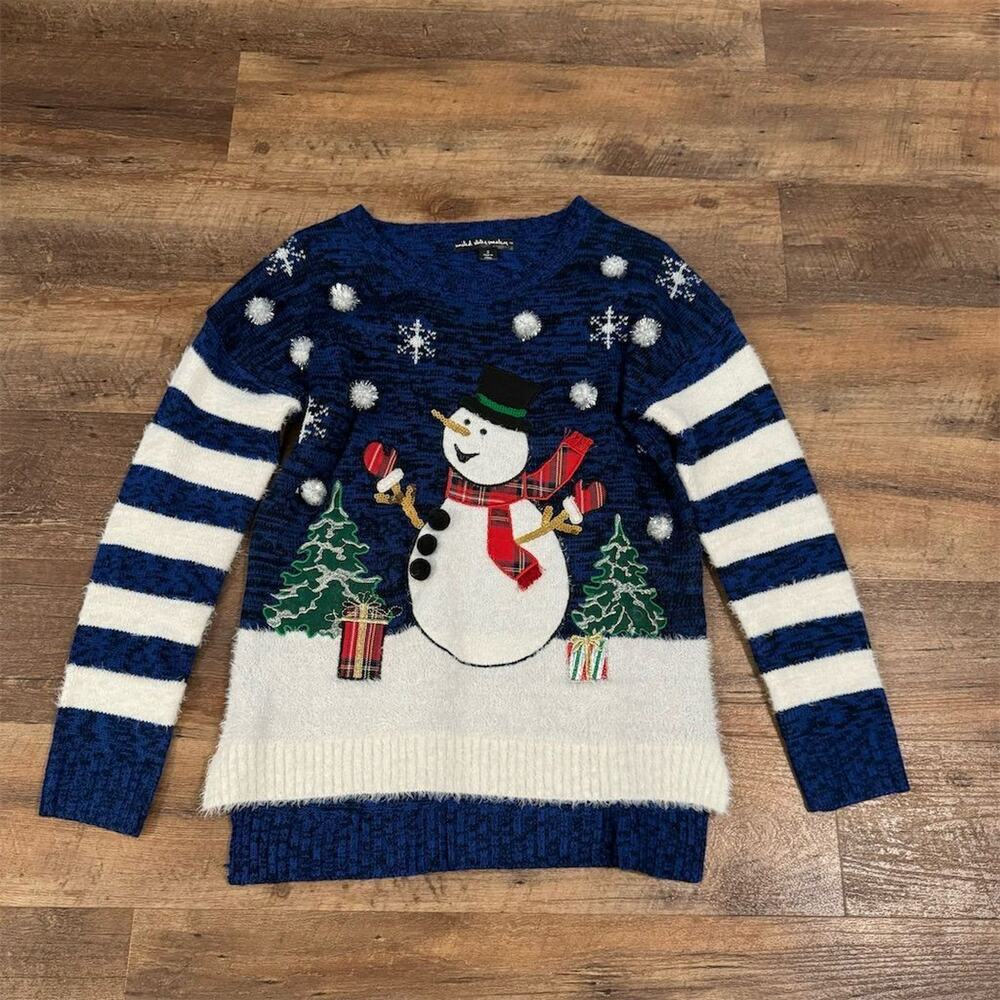 Holiday Ugly Christmas Sweater Snowman Tree Presents Snowflake Kidcore Twee Sm
